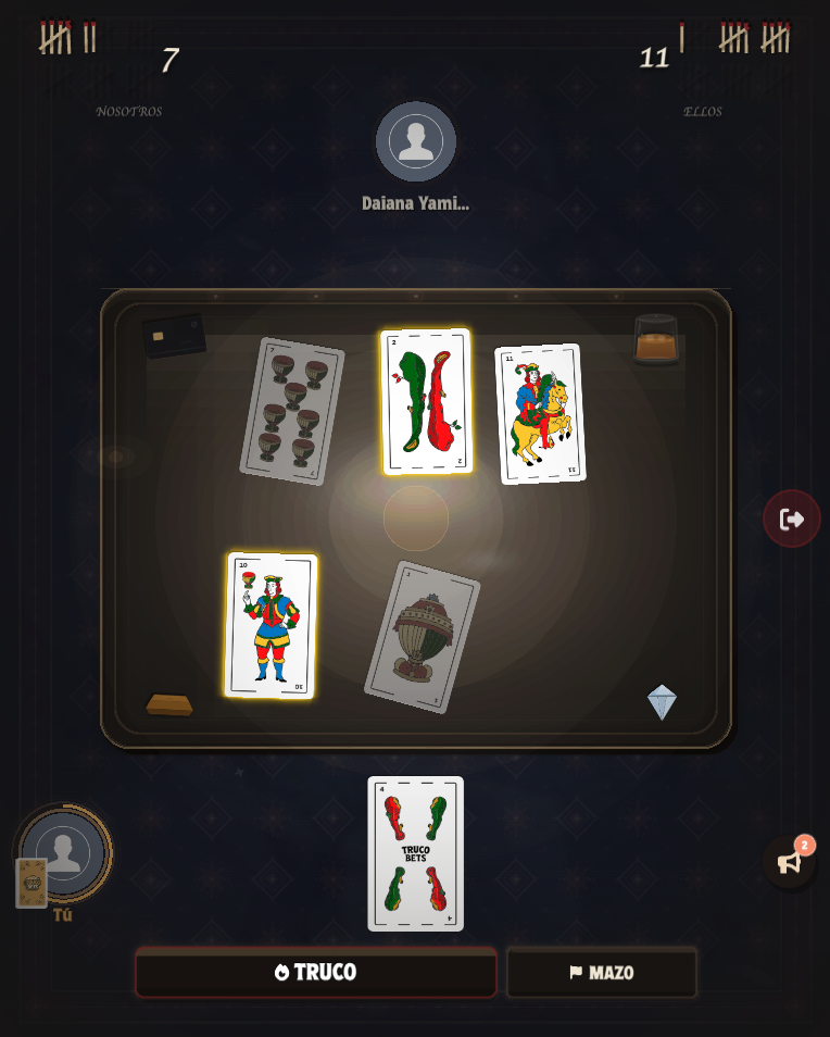 Captura de una partida de truco argentino en TrucoBits mostrando cartas, envido y puntuacion en tiempo real